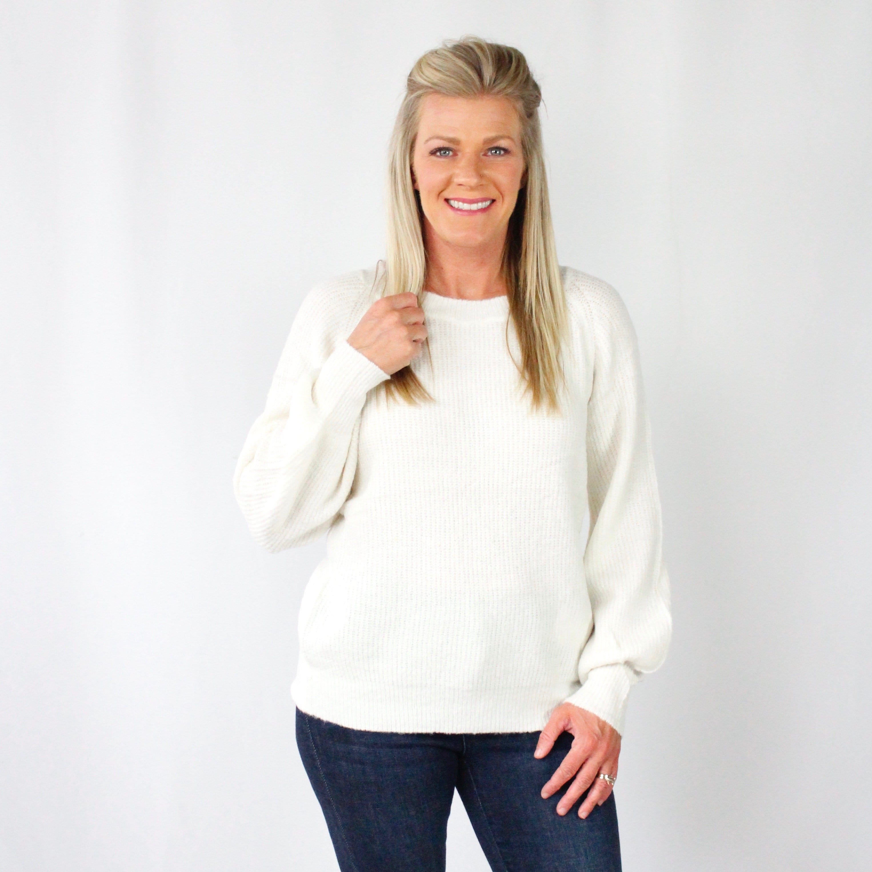 Cream Balloon Sleeve Ribbed Sweater