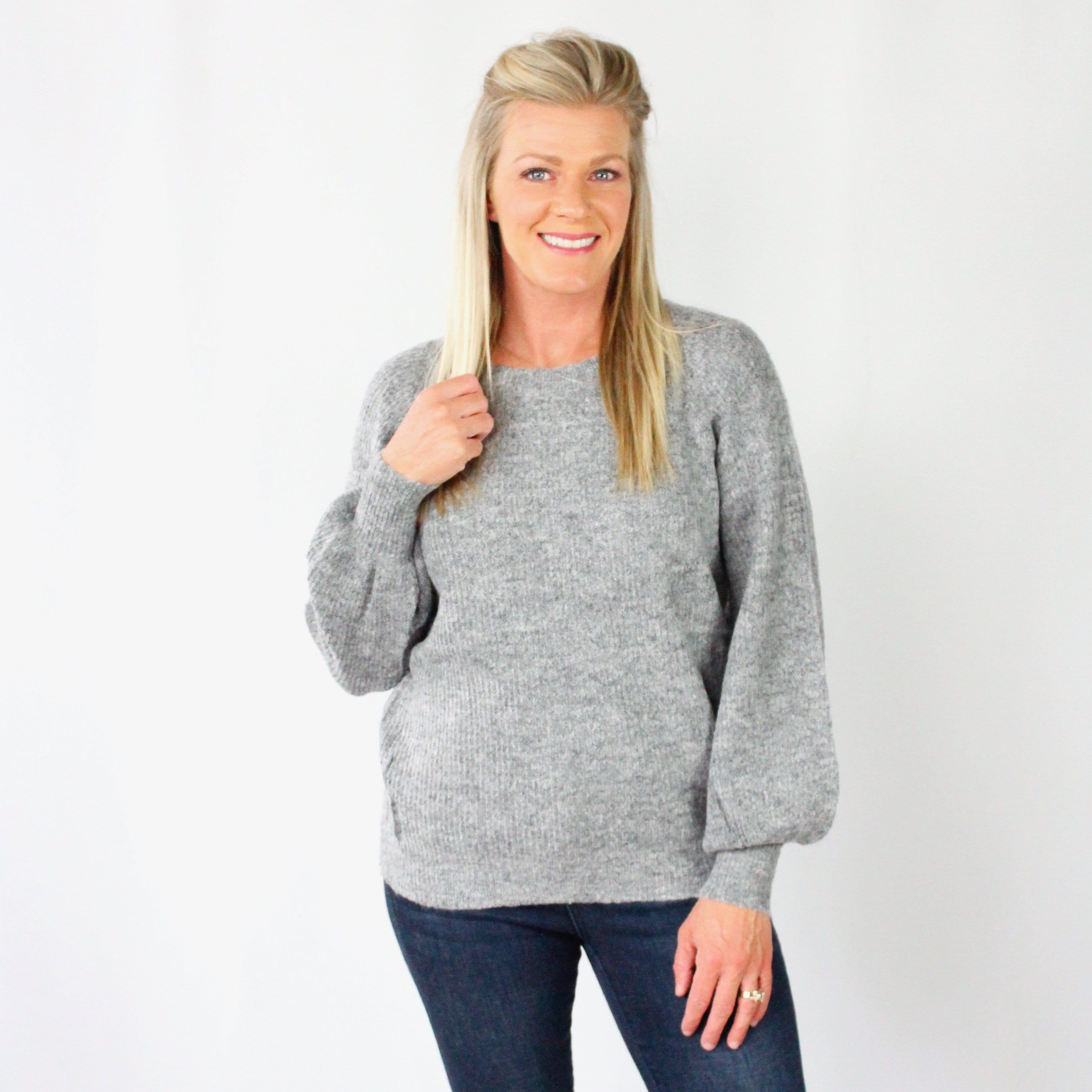 Grey Balloon Sleeve Ribbed Sweater