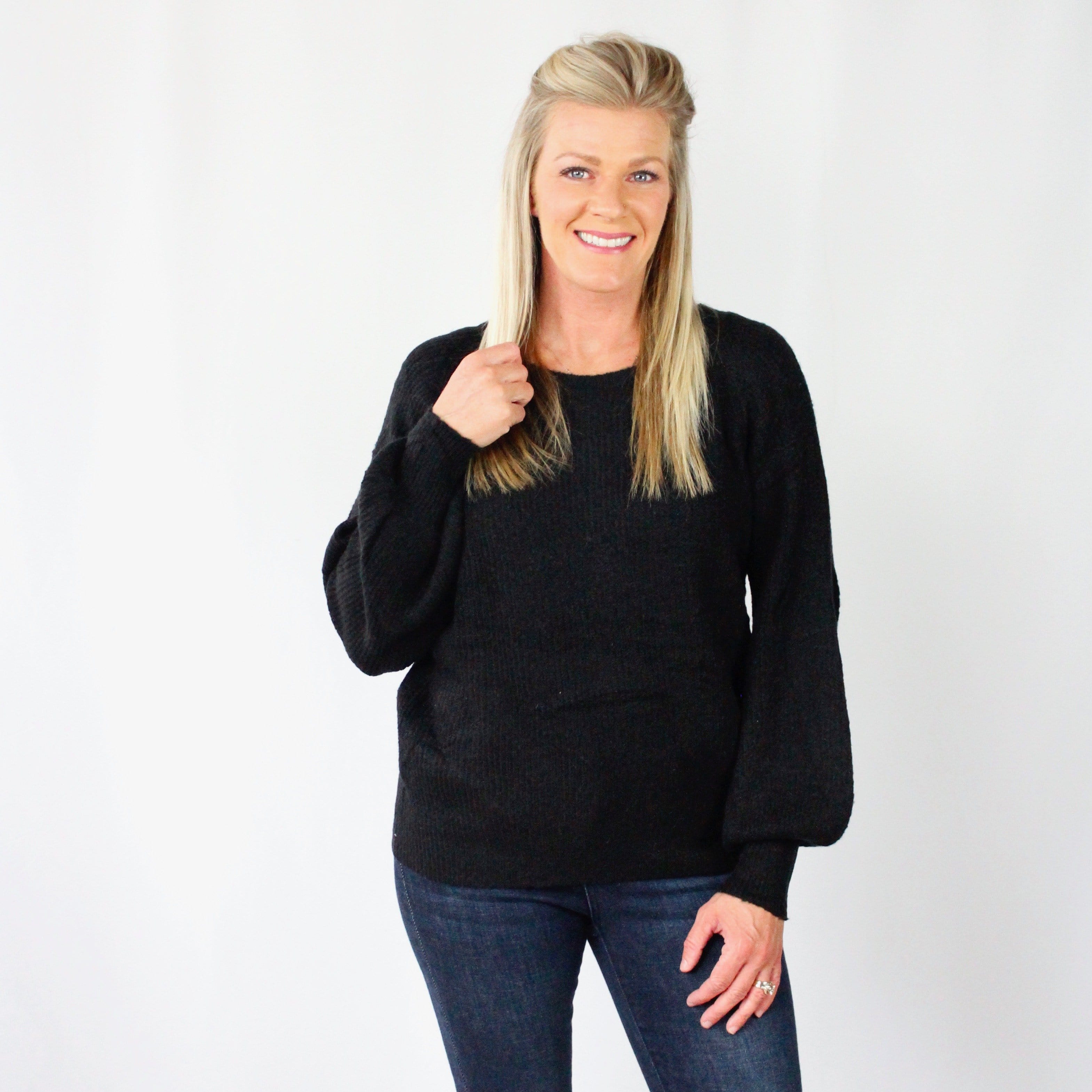 Black Balloon Sleeve Ribbed Sweater