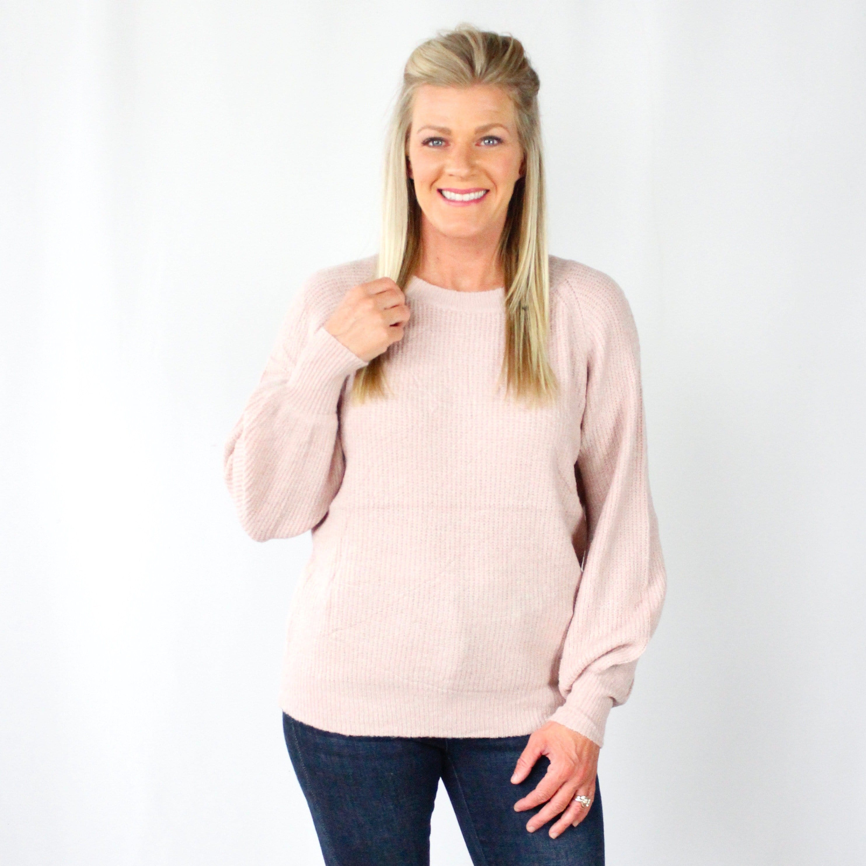 Pink Balloon Sleeve Ribbed Sweater