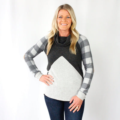 Grey Cowl Neck Plaid Raglan Top