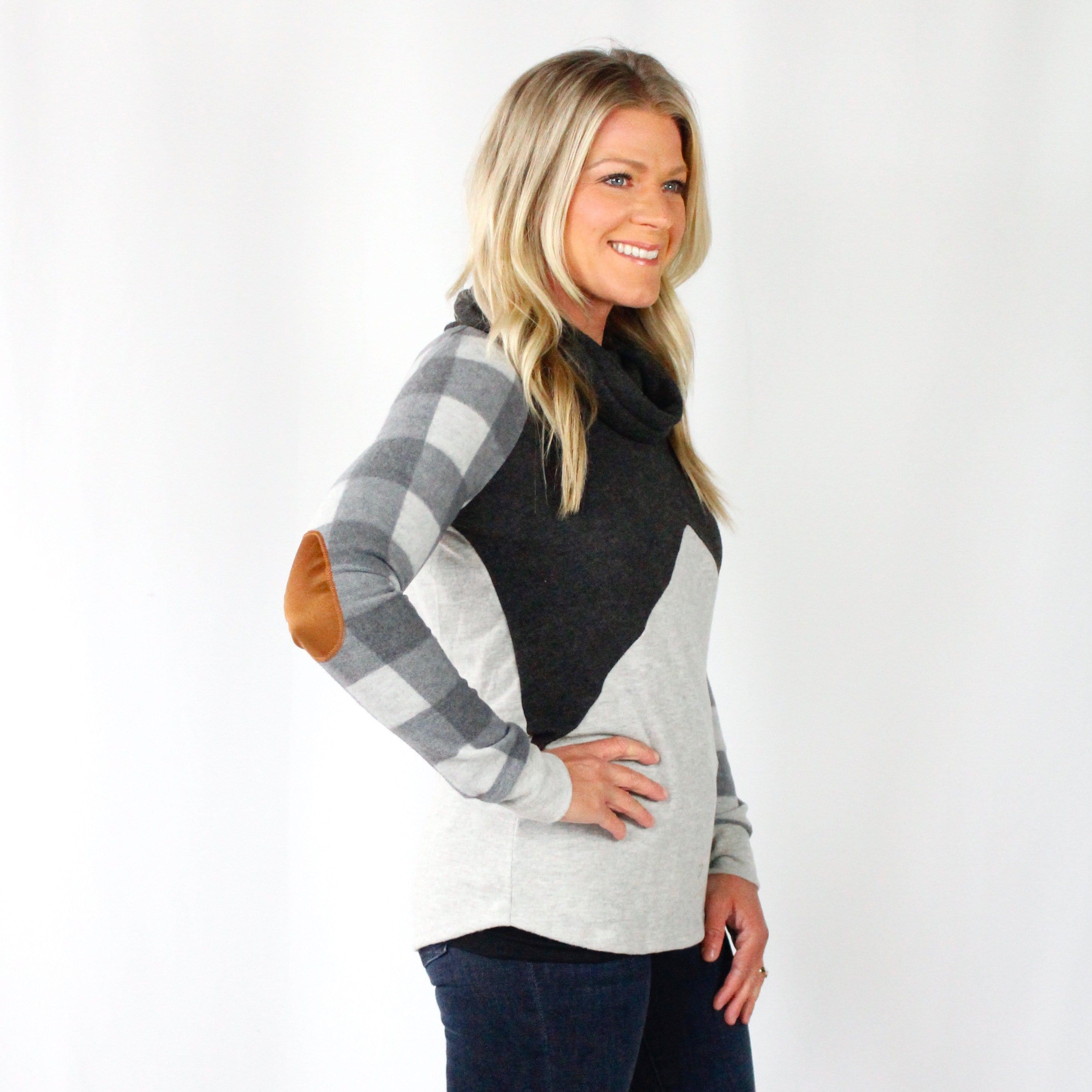 Grey Cowl Neck Plaid Raglan Top