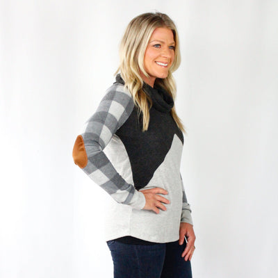 Grey Cowl Neck Plaid Raglan Top