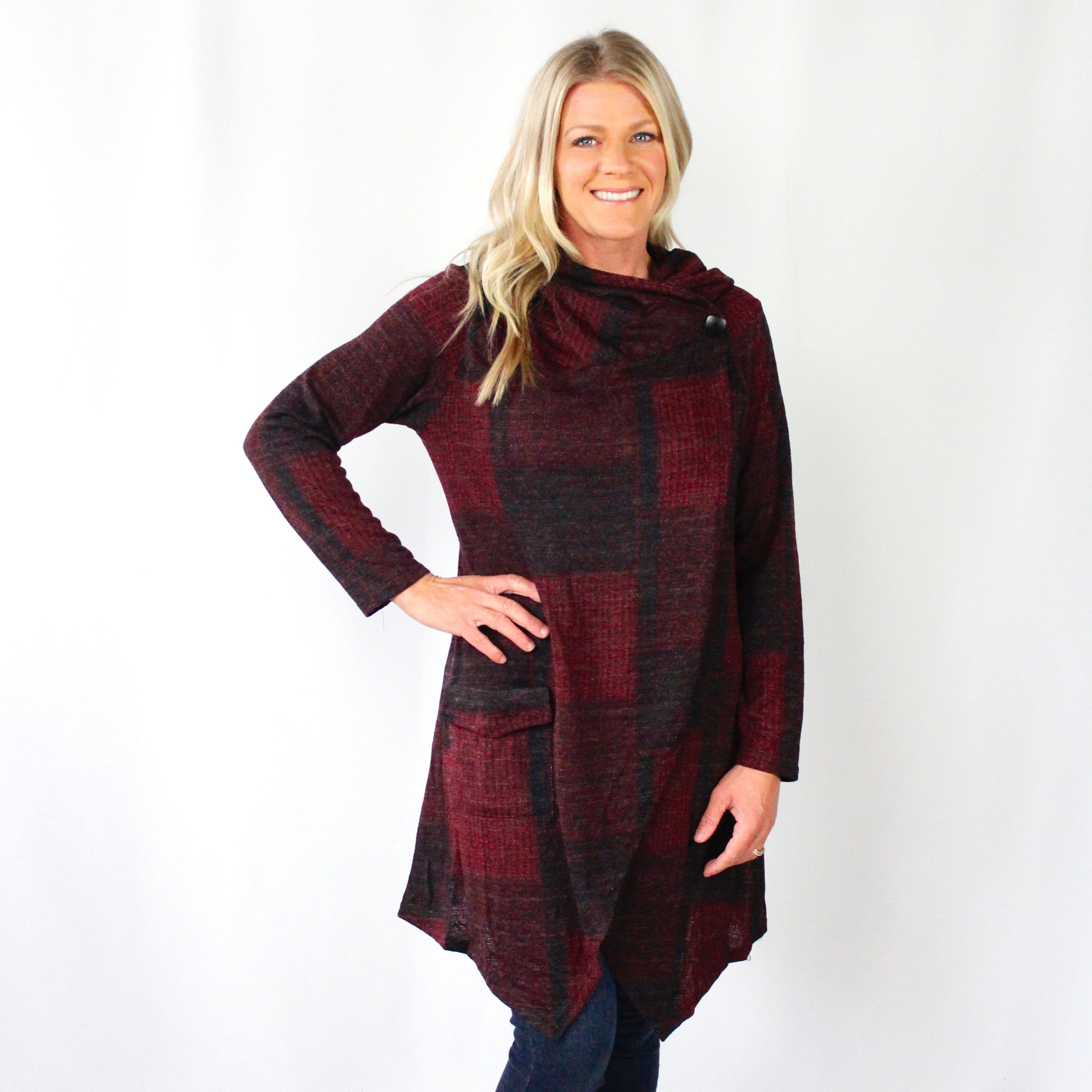 Plaid Cowl Neck Crossover Cardigan
