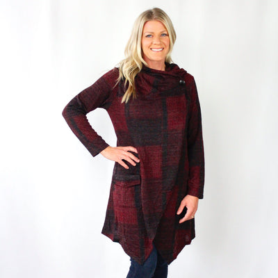 Plaid Cowl Neck Crossover Cardigan