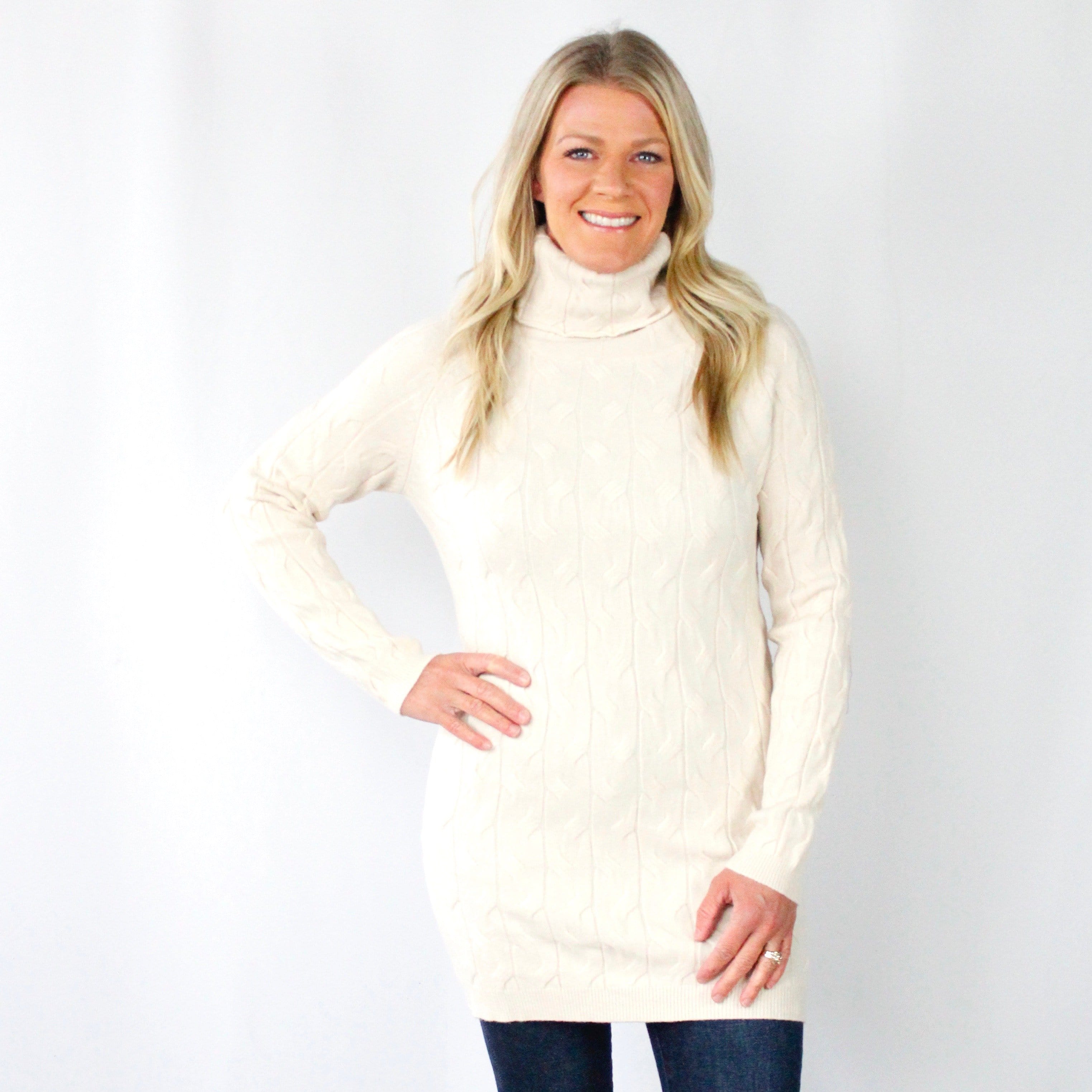 Cable Knit Cowl Neck Sweater Dress