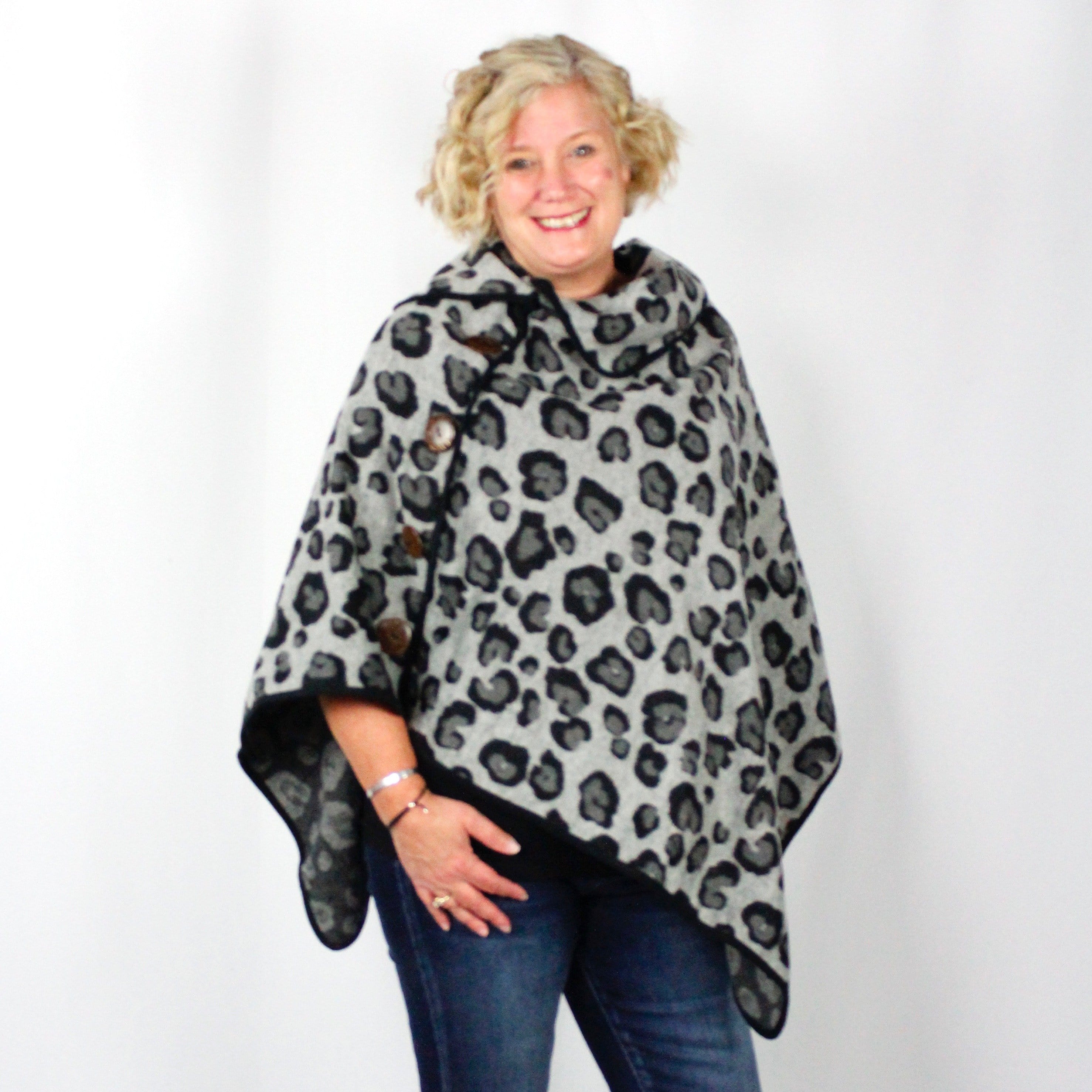 Leopard Print Collared Poncho Asst