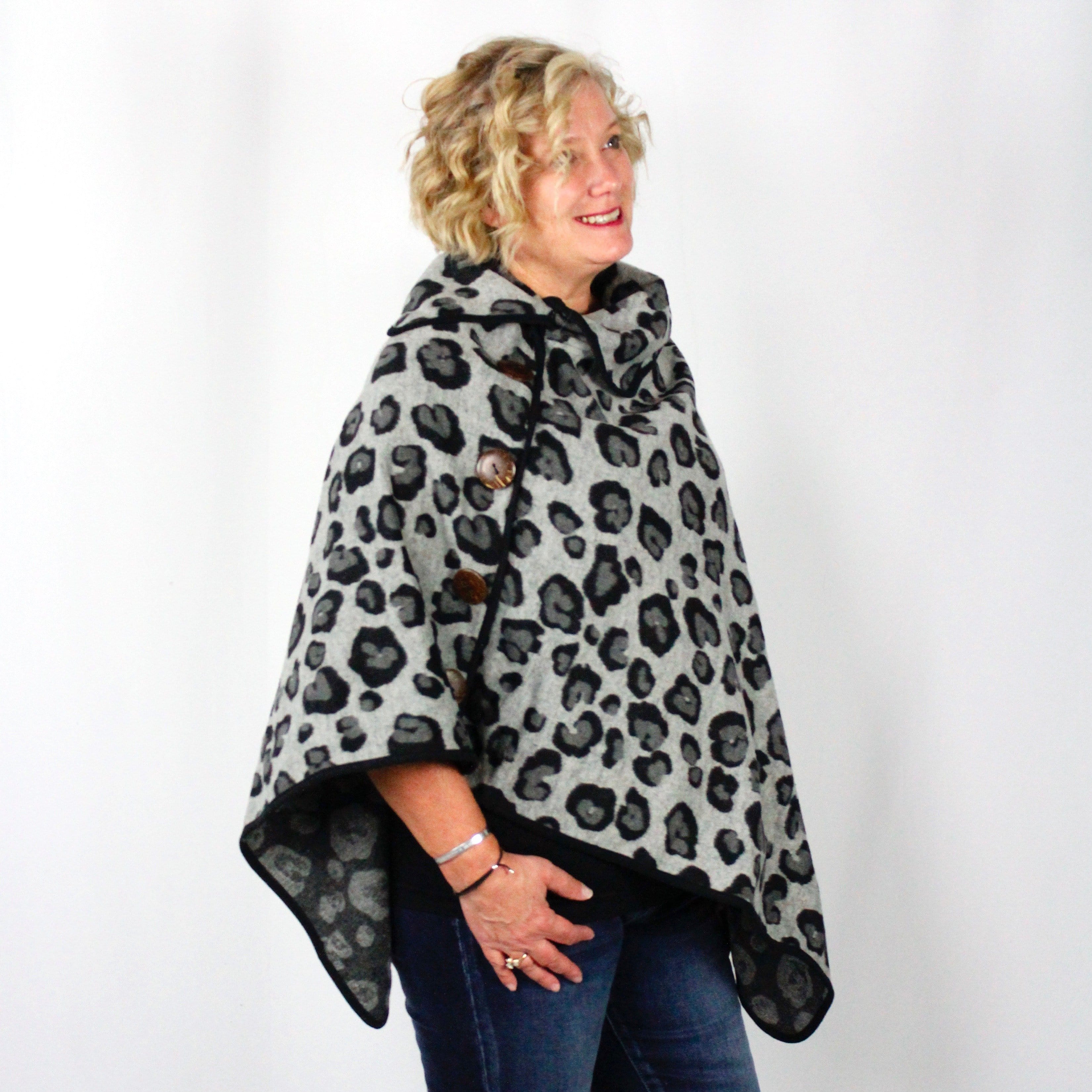 Leopard Print Collared Poncho Asst