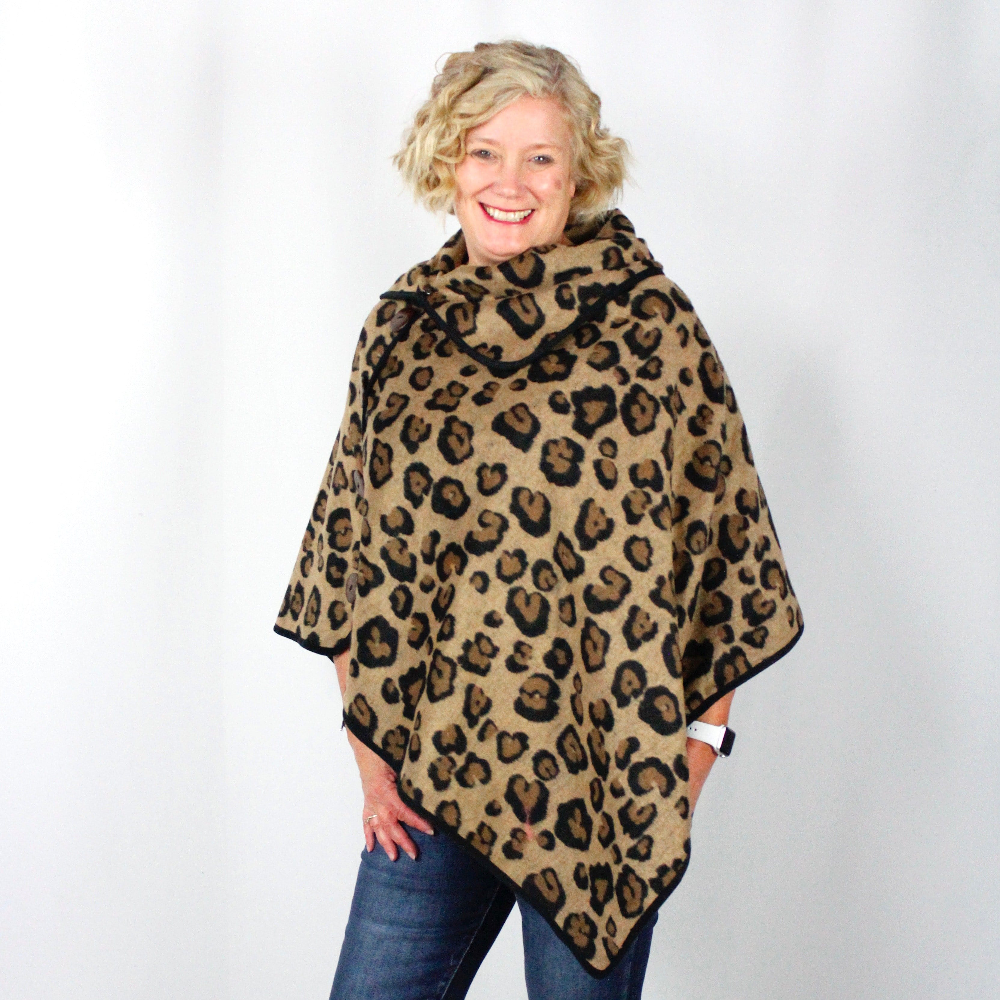 Leopard Print Collared Poncho Asst