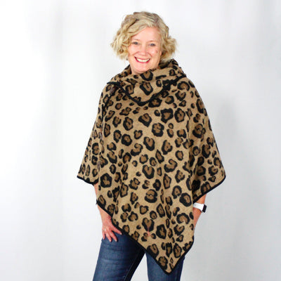 Leopard Print Collared Poncho Asst
