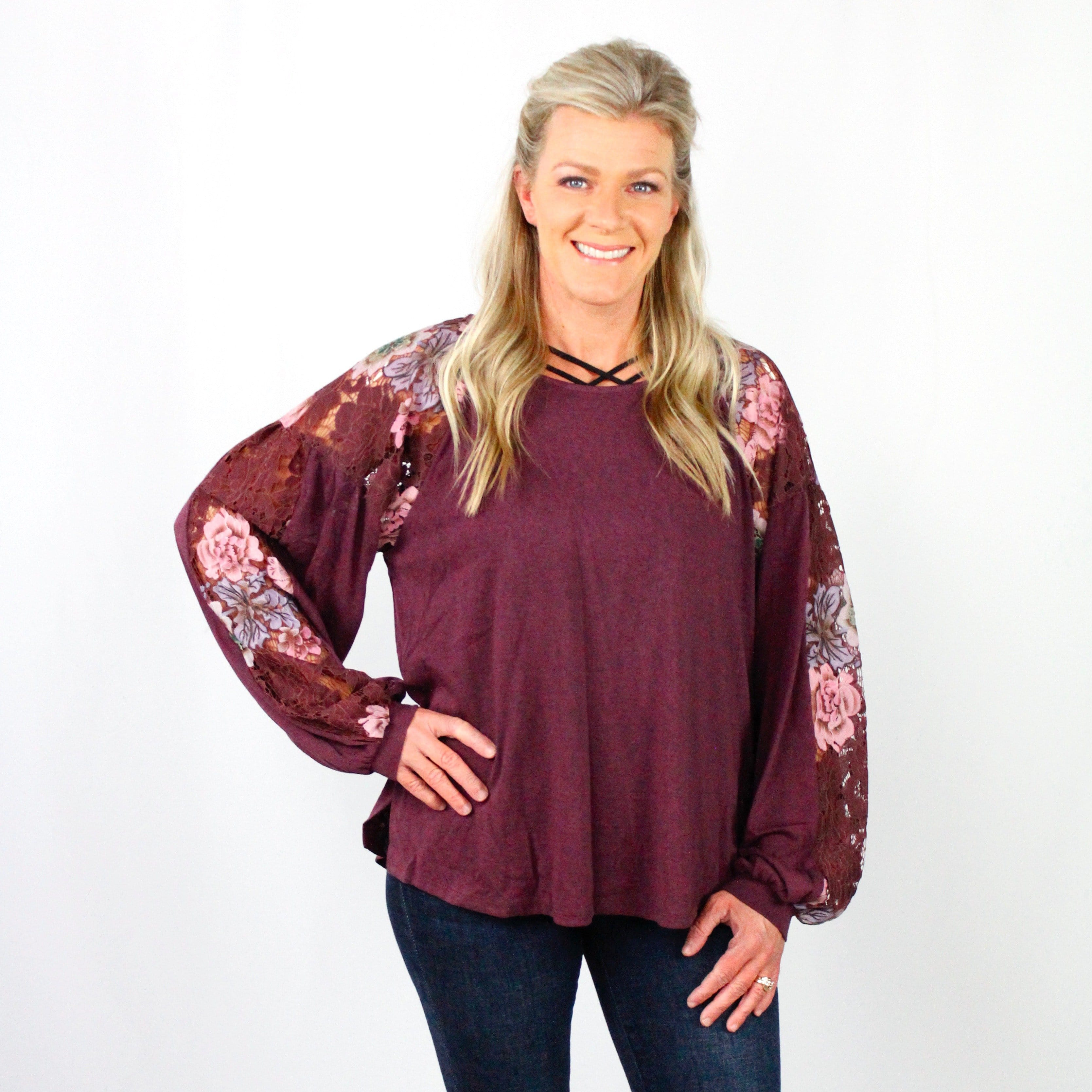 Floral Lace Raglan Puff Sleeve Top