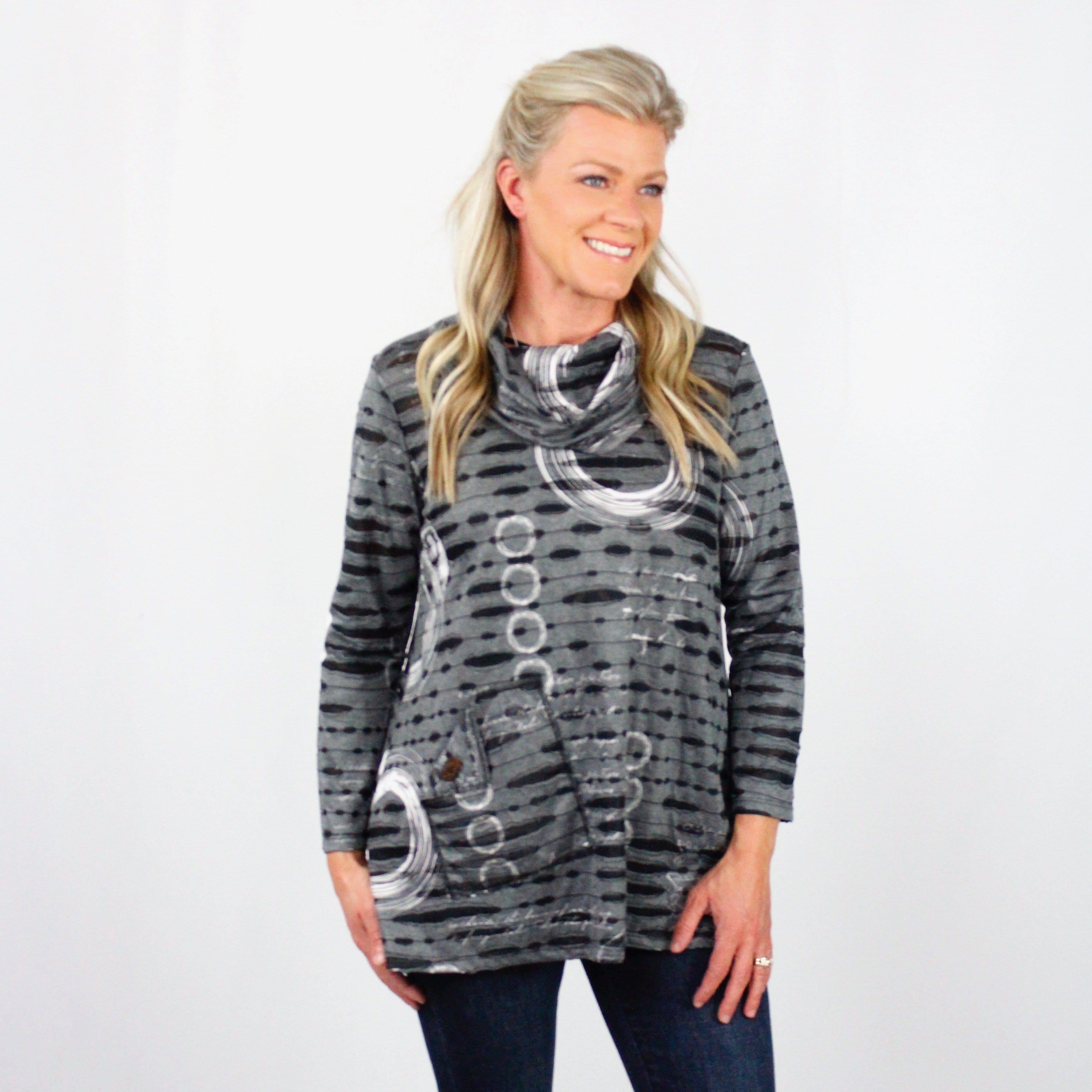 Gray Ripped Circle Print Cowl Neck Tunic