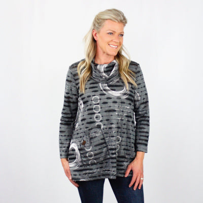 Gray Ripped Circle Print Cowl Neck Tunic