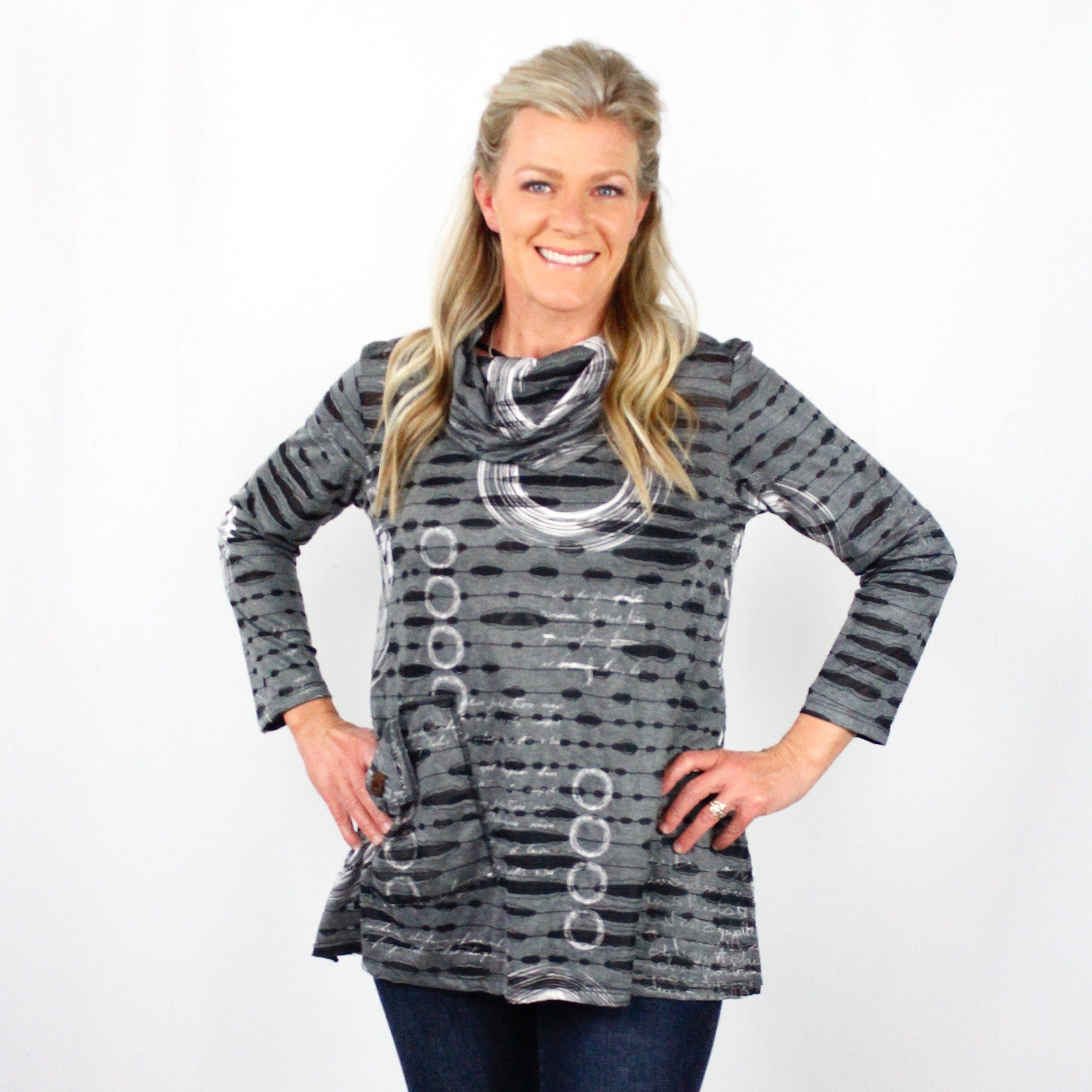 Gray Ripped Circle Print Cowl Neck Tunic