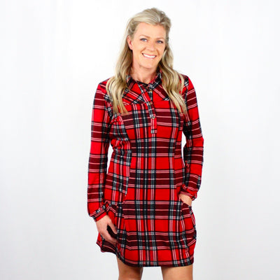 Red Plaid Henley Sweater Dress