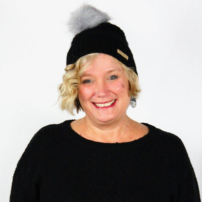 Feather Cuff Fur Pom Hat Asst