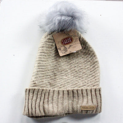 Feather Cuff Fur Pom Hat Asst