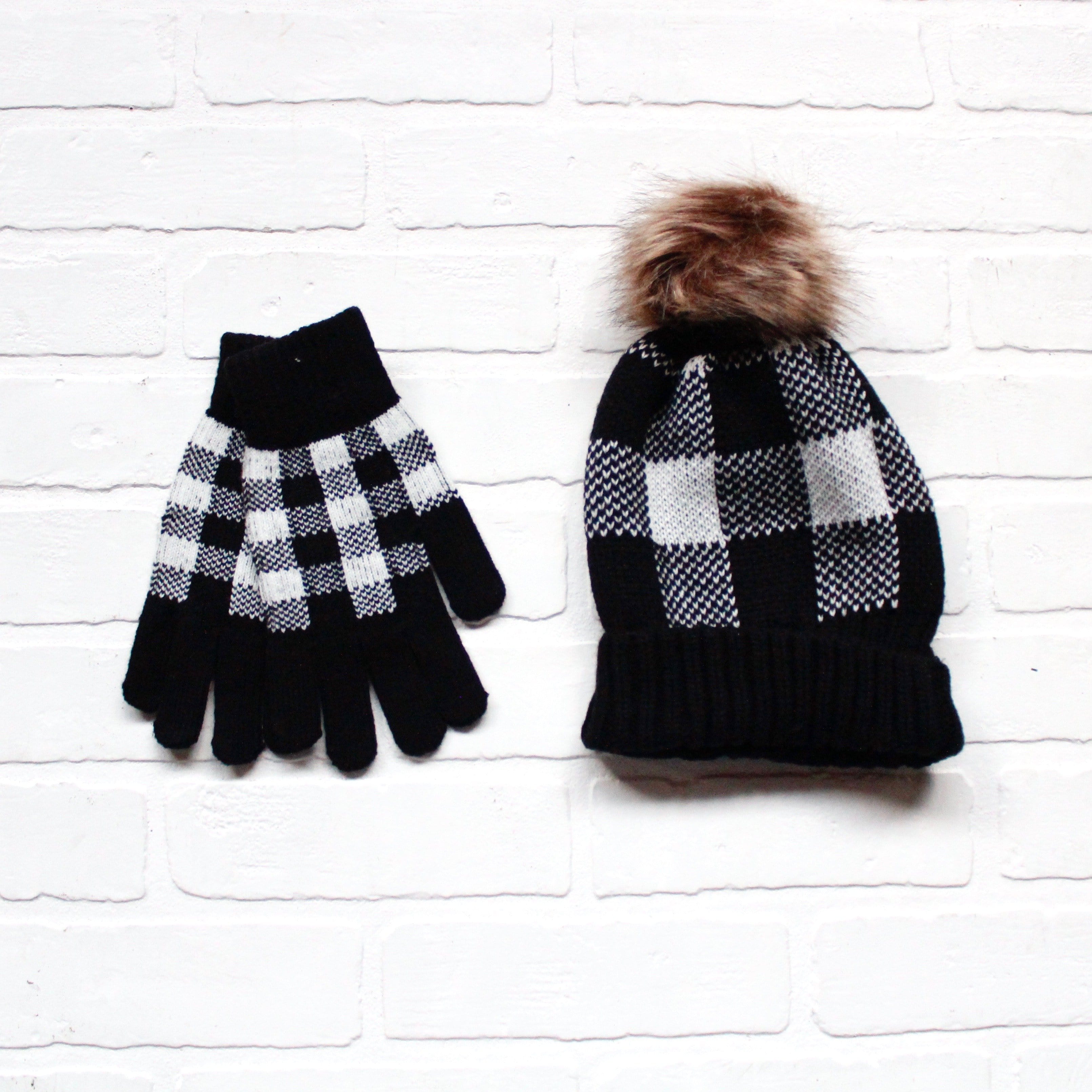 Buffalo Plaid Pom Hat Glove Set Asst