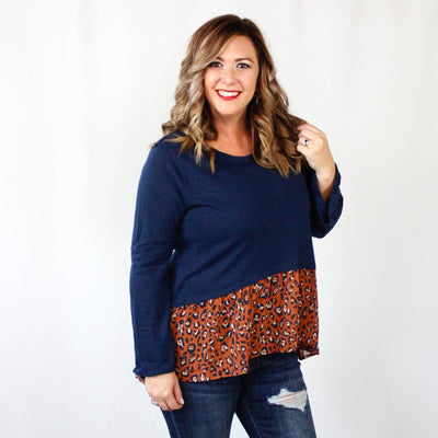 Navy Animal Print Ruffle Top