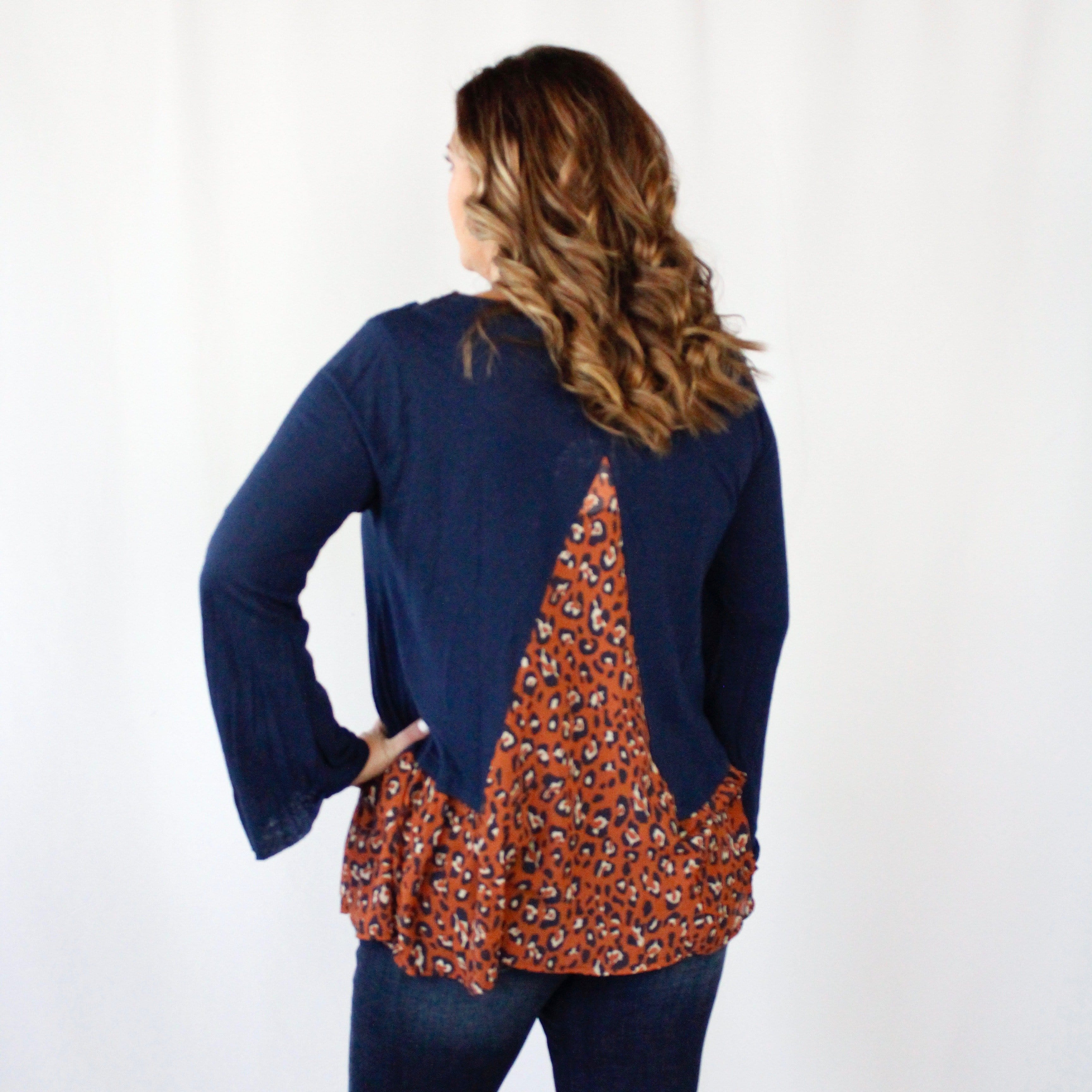 Navy Animal Print Ruffle Top