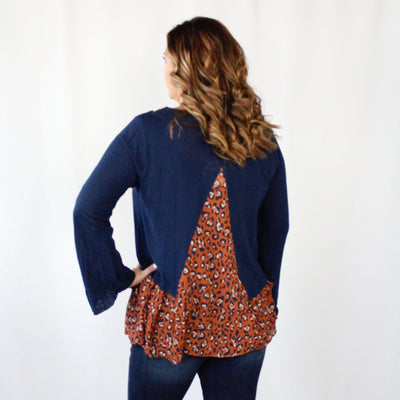 Navy Animal Print Ruffle Top