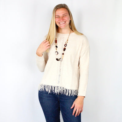 Cream Fringe Pullover Sweater