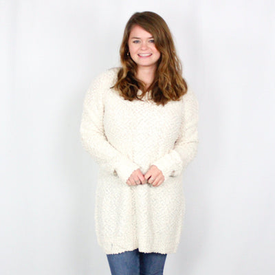 Cream Hooded Popcorn Sweater Dress