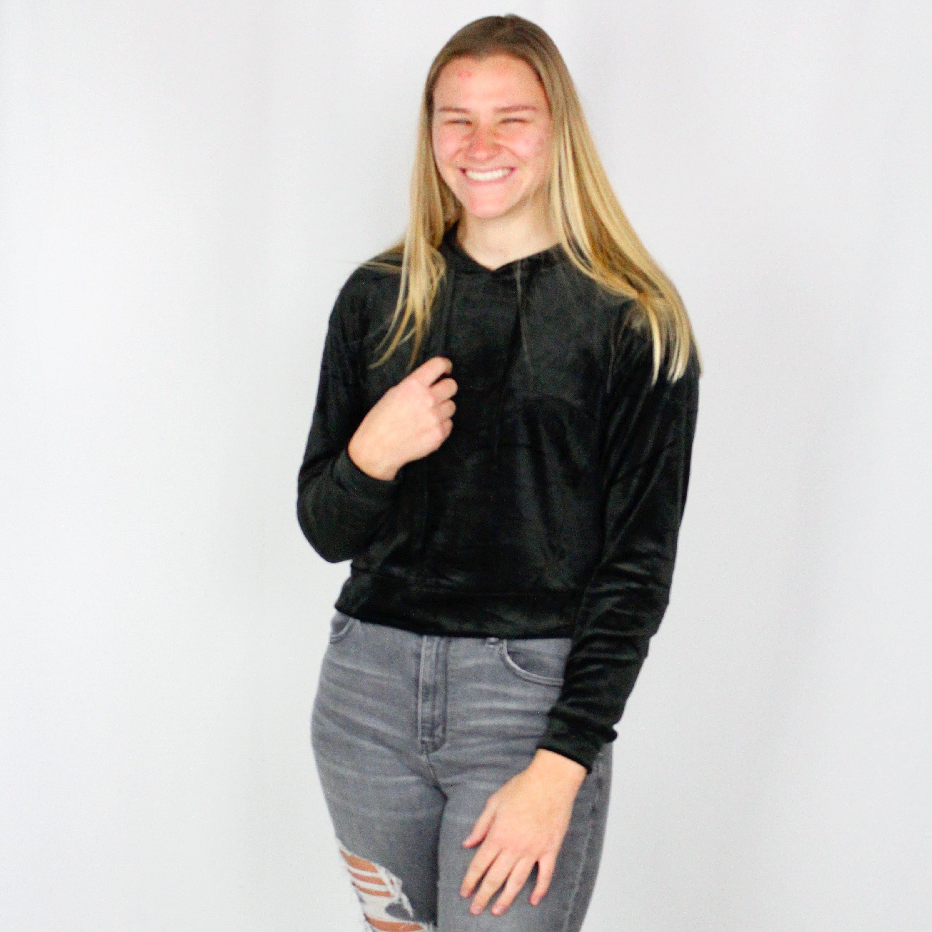 Black Velour Pullover Hoodie
