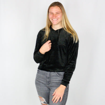Black Velour Pullover Hoodie