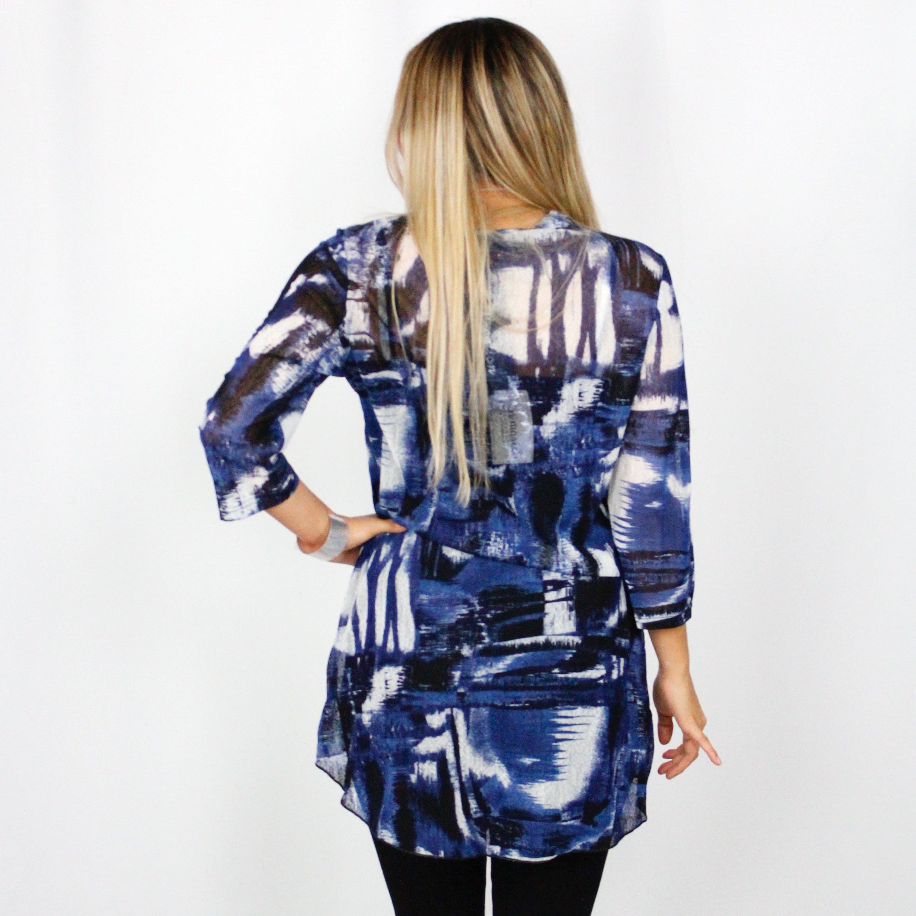 Navy Printed Cross Hem Mesh Top