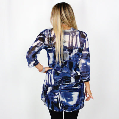Navy Printed Cross Hem Mesh Top