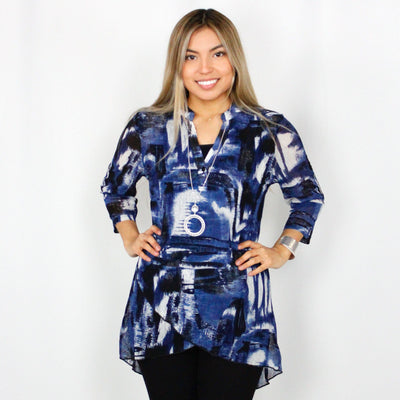 Navy Printed Cross Hem Mesh Top
