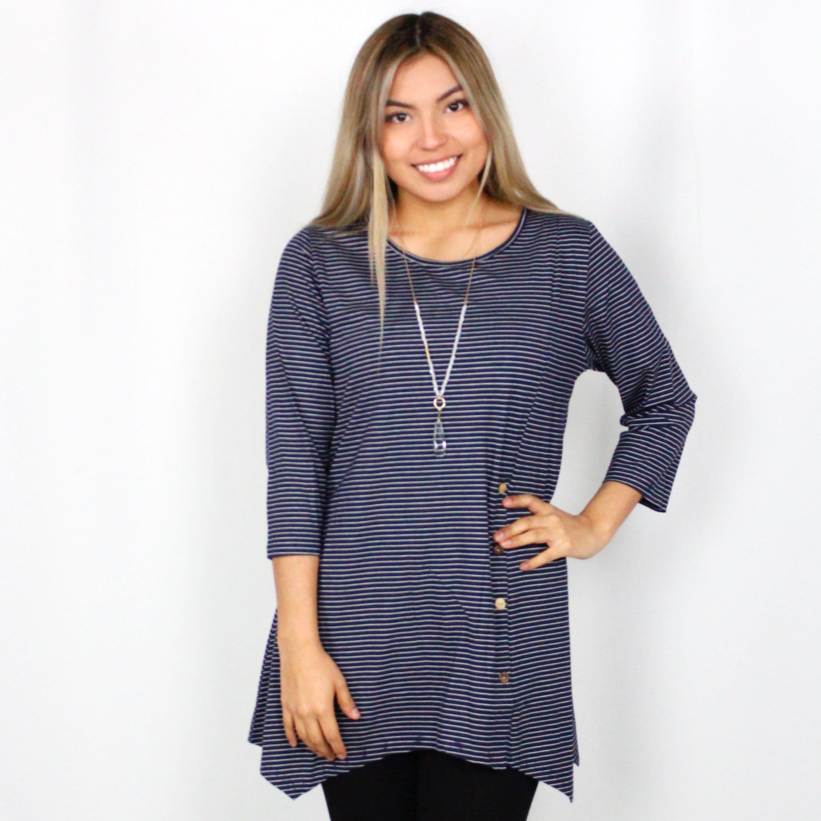 Navy Stripe Button Detail Top