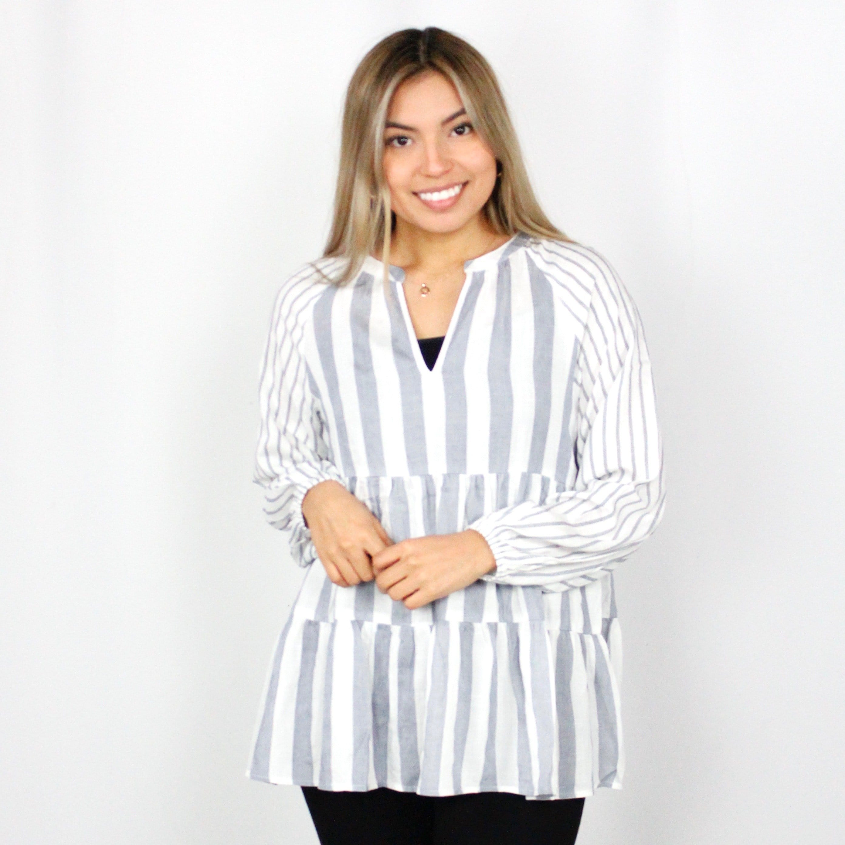 Blue Stripe Tiered Blouse