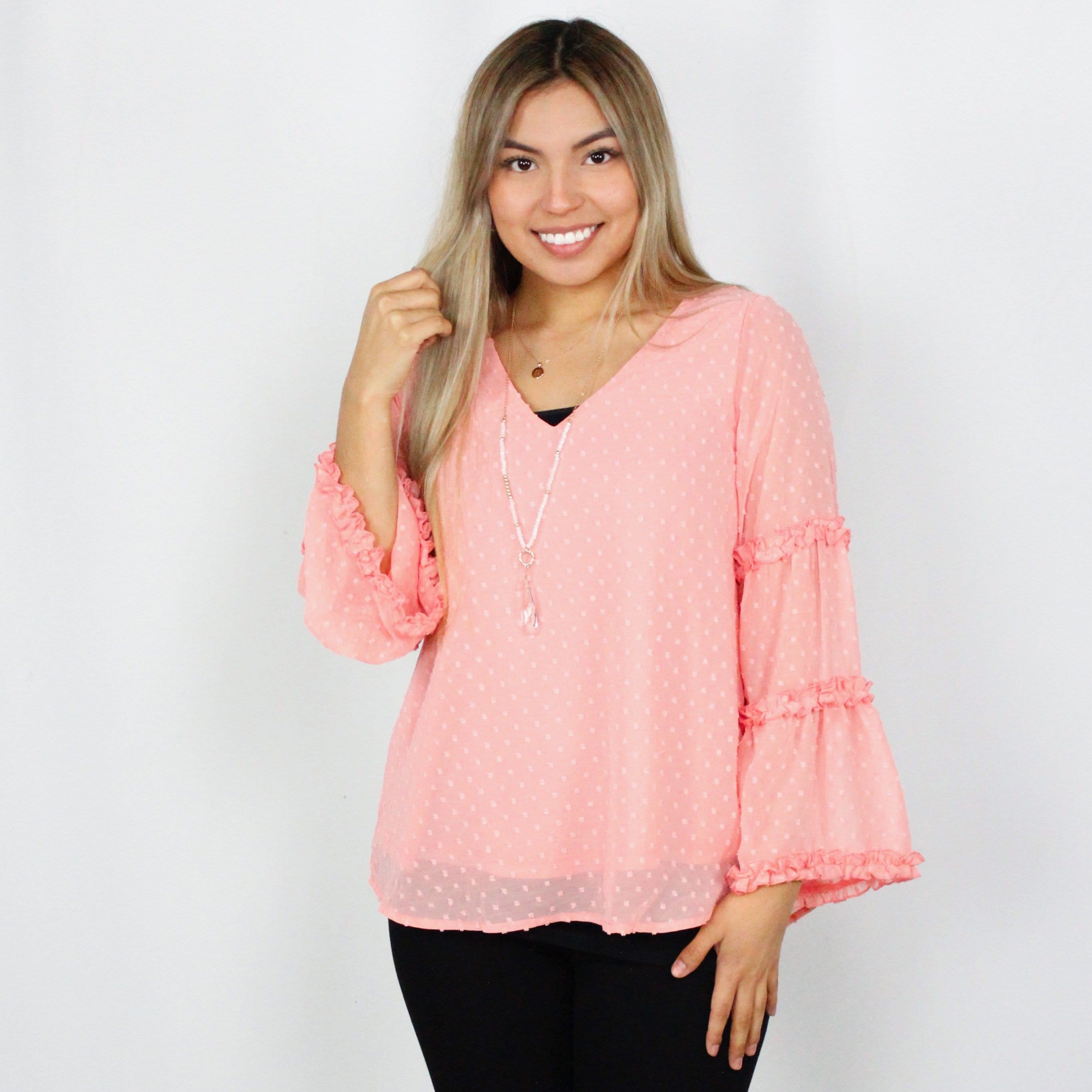 Peach Swiss Dot Ruffle Bell Sleeve Top