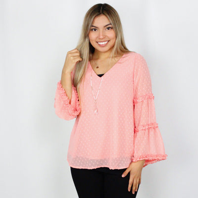 Peach Swiss Dot Ruffle Bell Sleeve Top