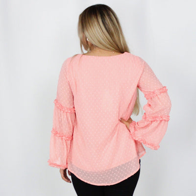 Peach Swiss Dot Ruffle Bell Sleeve Top