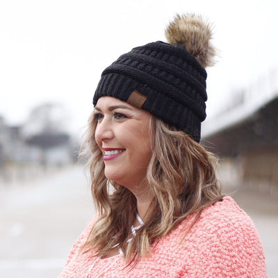 Solid Ribbed Fur Pom Beanie