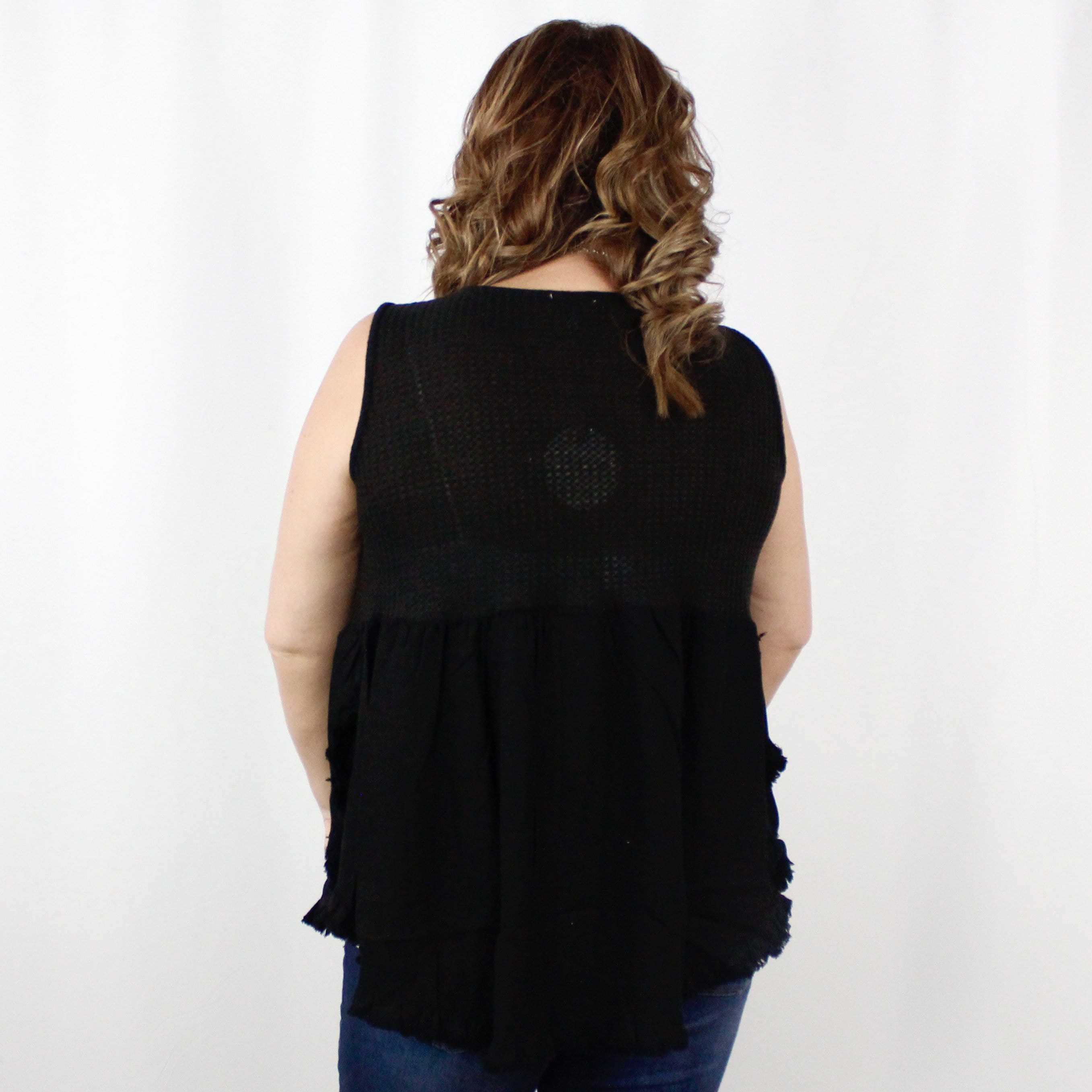Black Waffle Knit Fringed Hem Top