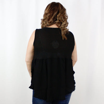 Black Waffle Knit Fringed Hem Top