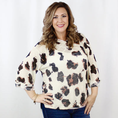 Cream Animal Print Folded Sleeve Top