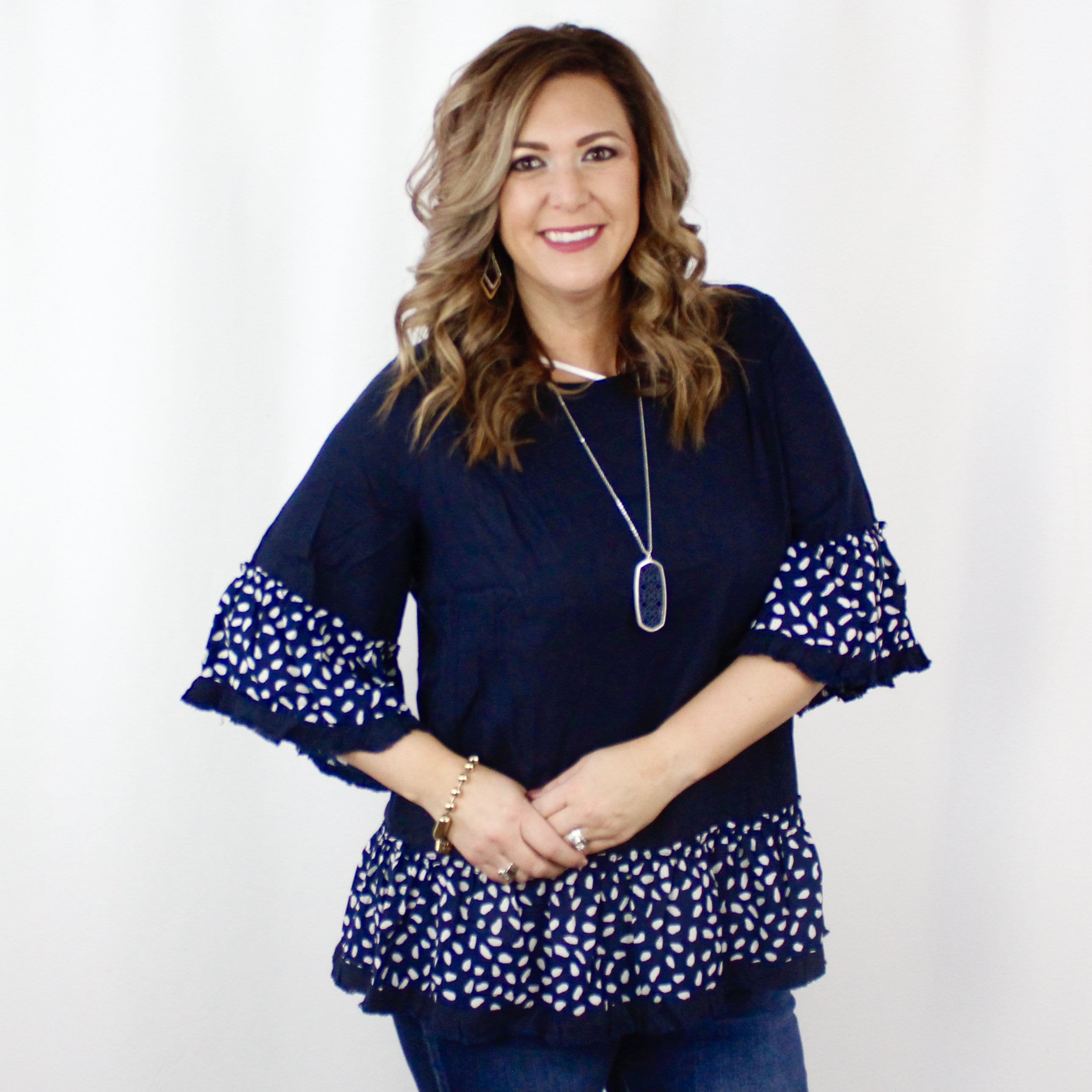 Navy Linen Animal Bell Sleeve Top