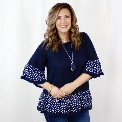 Navy Linen Animal Bell Sleeve Top