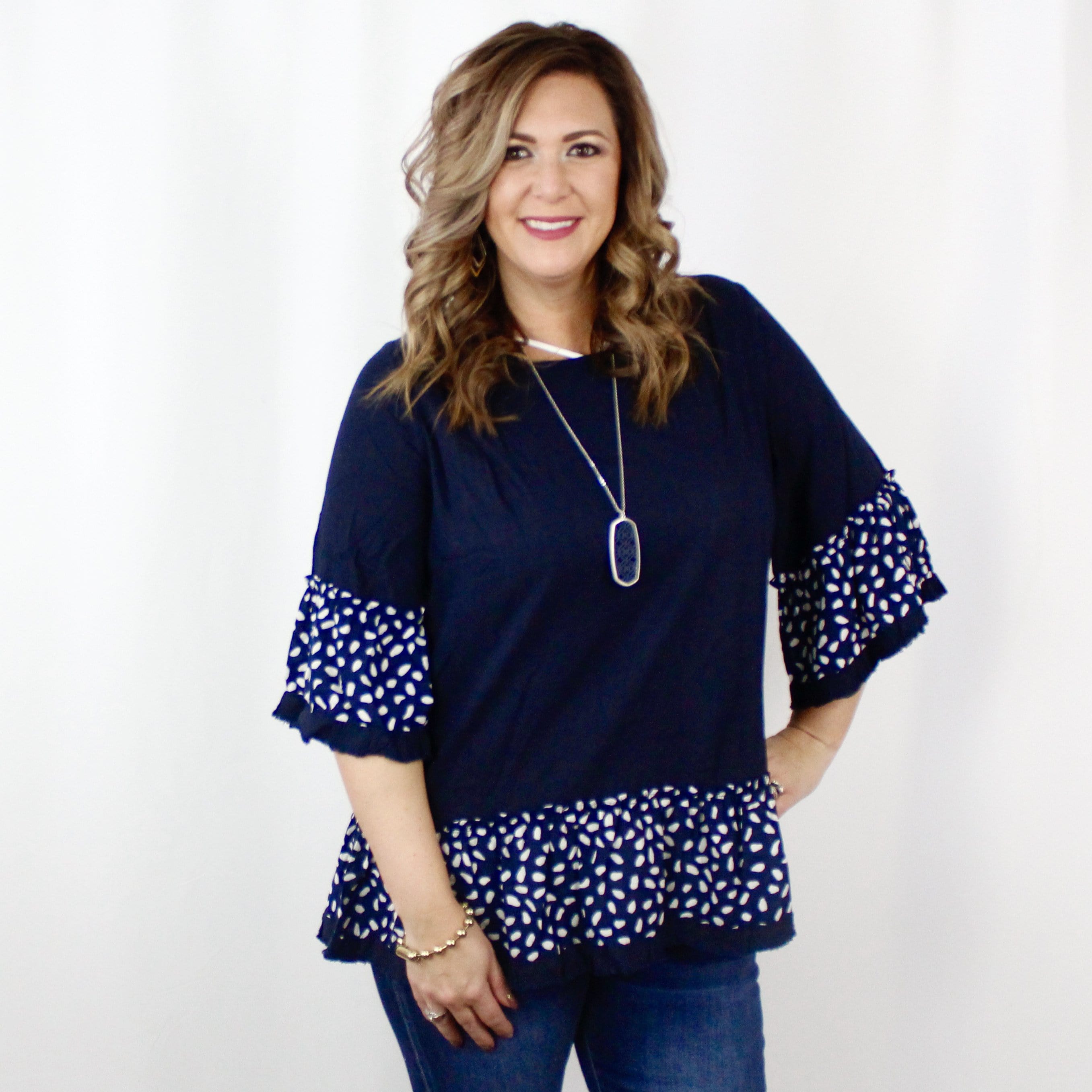 Navy Linen Animal Bell Sleeve Top