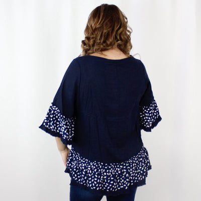 Navy Linen Animal Bell Sleeve Top