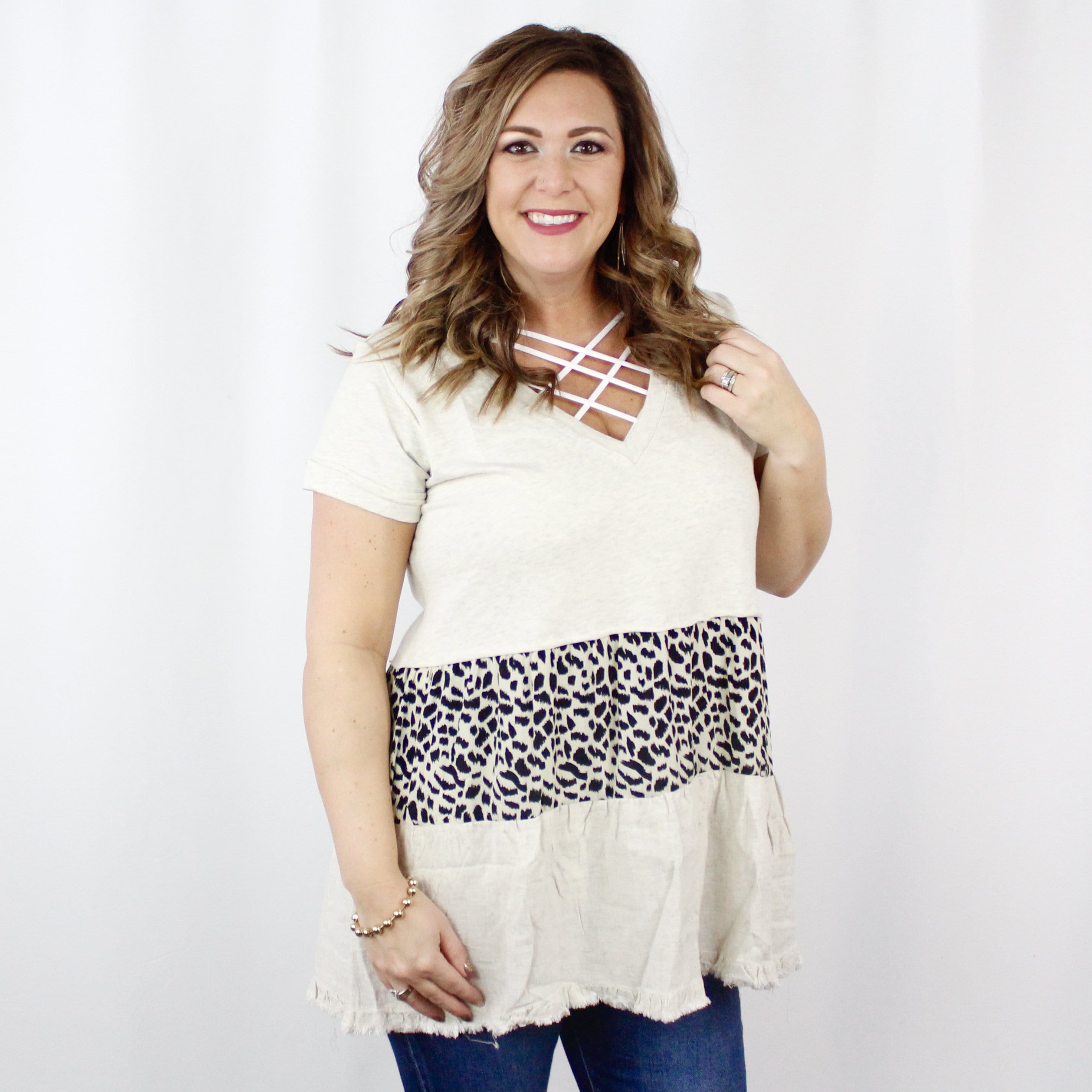 Oatmeal Vneck Animal Block Linen Tiered Dress