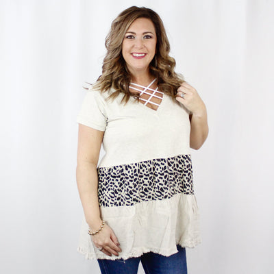 Oatmeal Vneck Animal Block Linen Tiered Dress