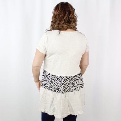 Oatmeal Vneck Animal Block Linen Tiered Dress