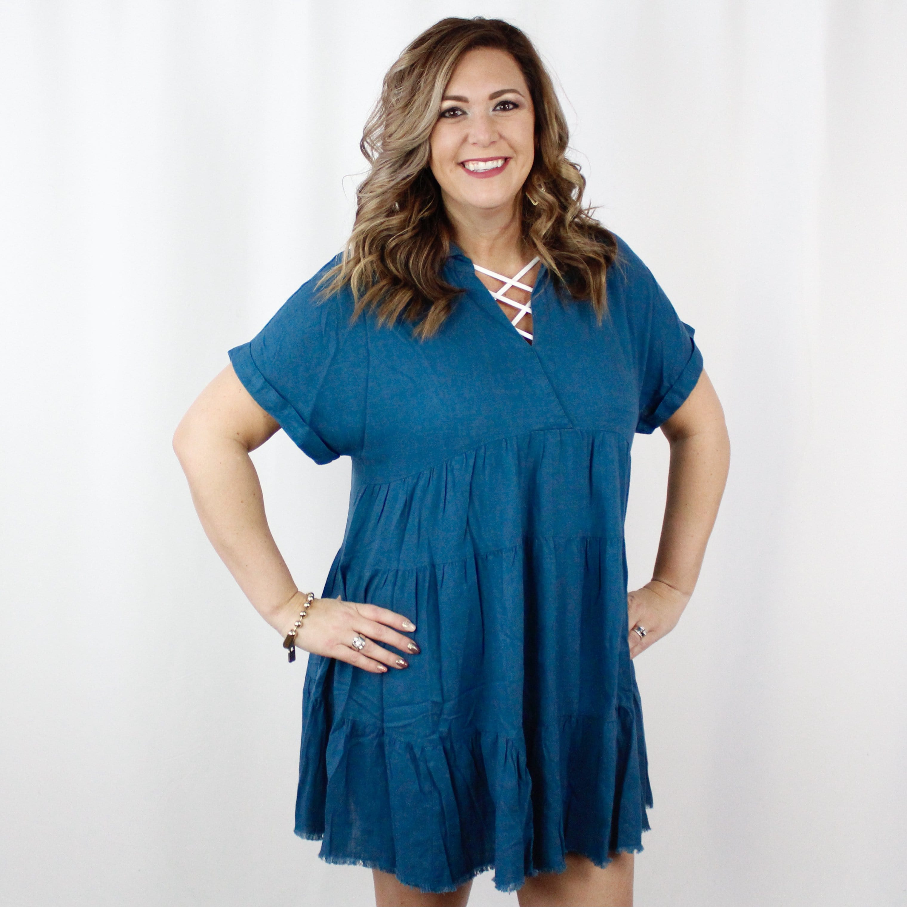 Teal Ruffle Tiered Frayed Hem Dress