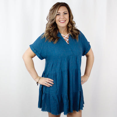 Teal Ruffle Tiered Frayed Hem Dress